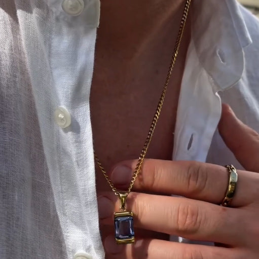 4.4Ct Octagonal Blue Sapphire Cuban Chain Pendant Necklace