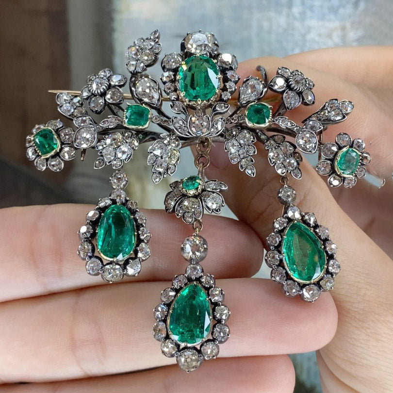Emerald Brooch and Earring Set