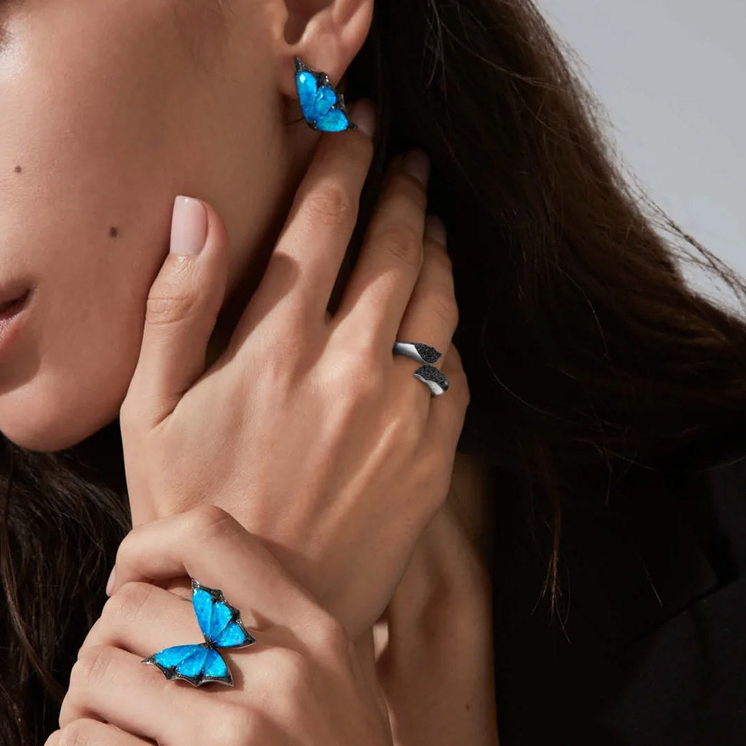 Blue opal crystal butterfly ring, necklace, and earring set
