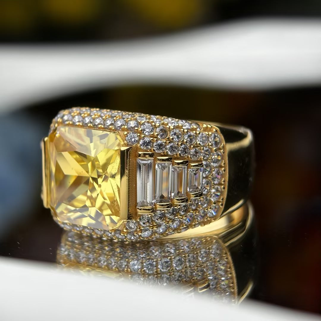 22.5Ctw Fancy Yellow Radiant Cut Pavé Gemstone Ring