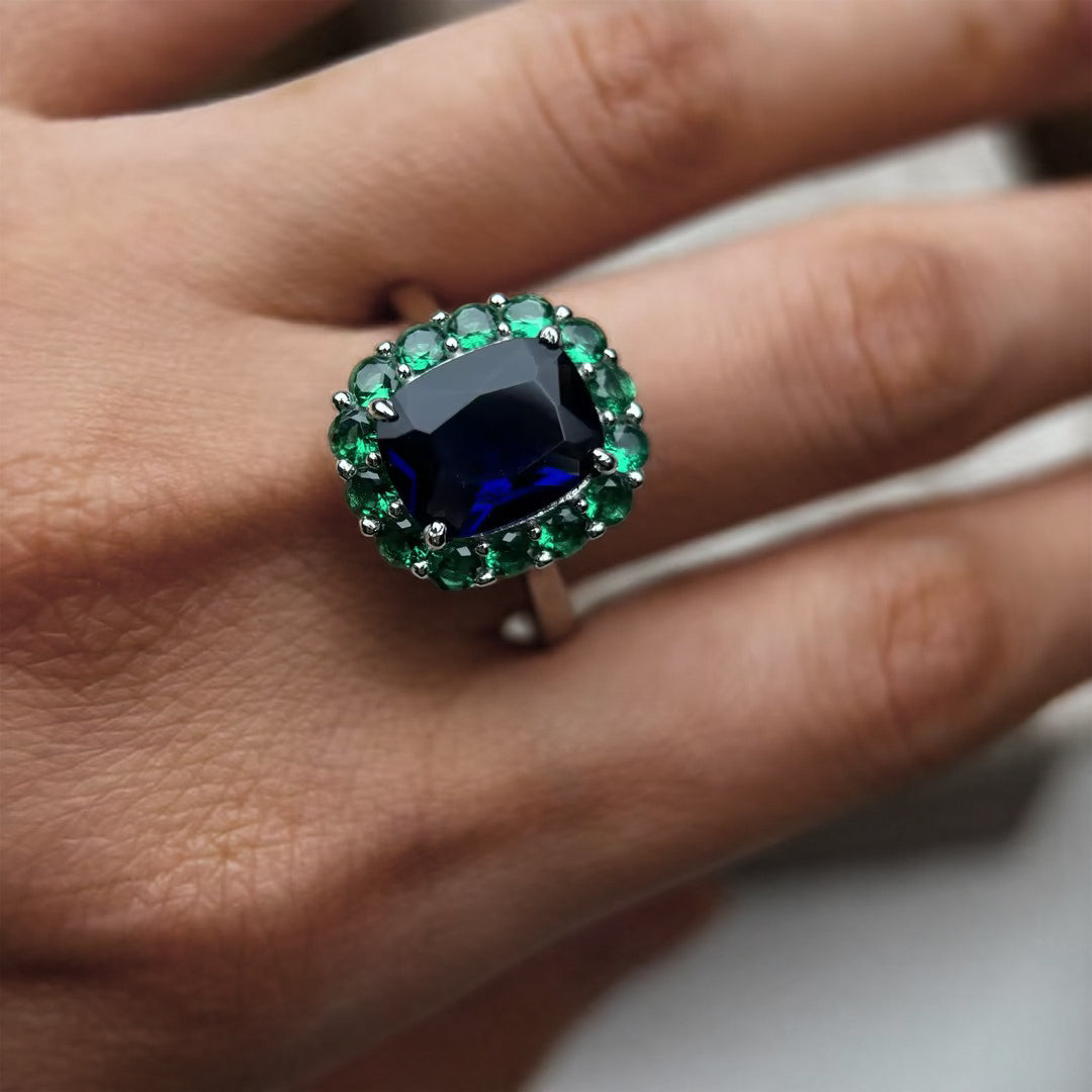 9Ctw cushion-cut blue and emerald ring