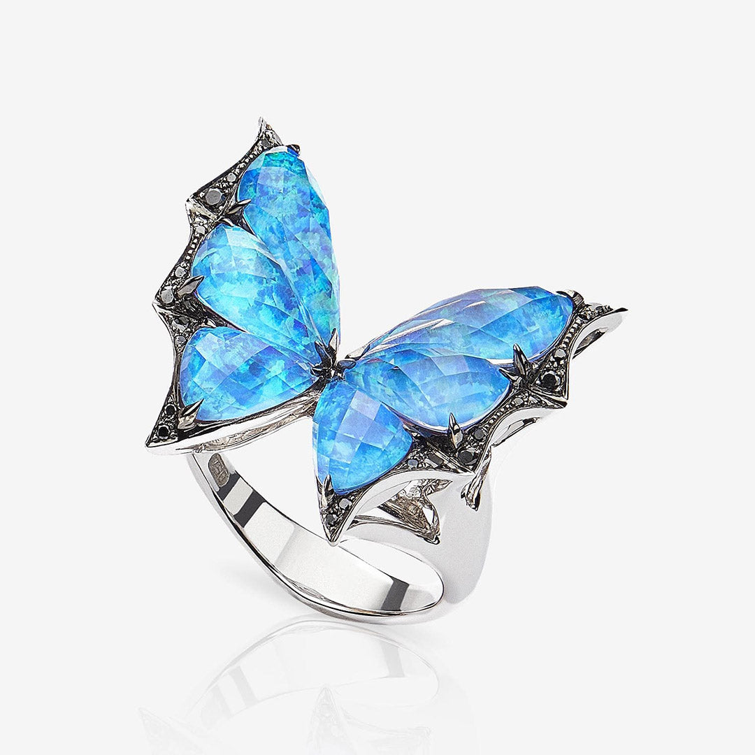 Blue opal crystal butterfly ring, necklace, and earring set