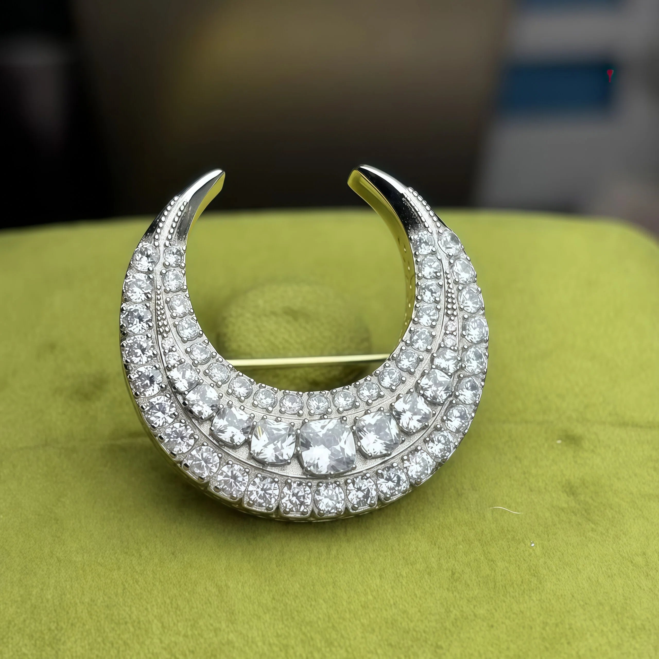 5.5ctw Old Mine Cut Crescent Moon Brooch