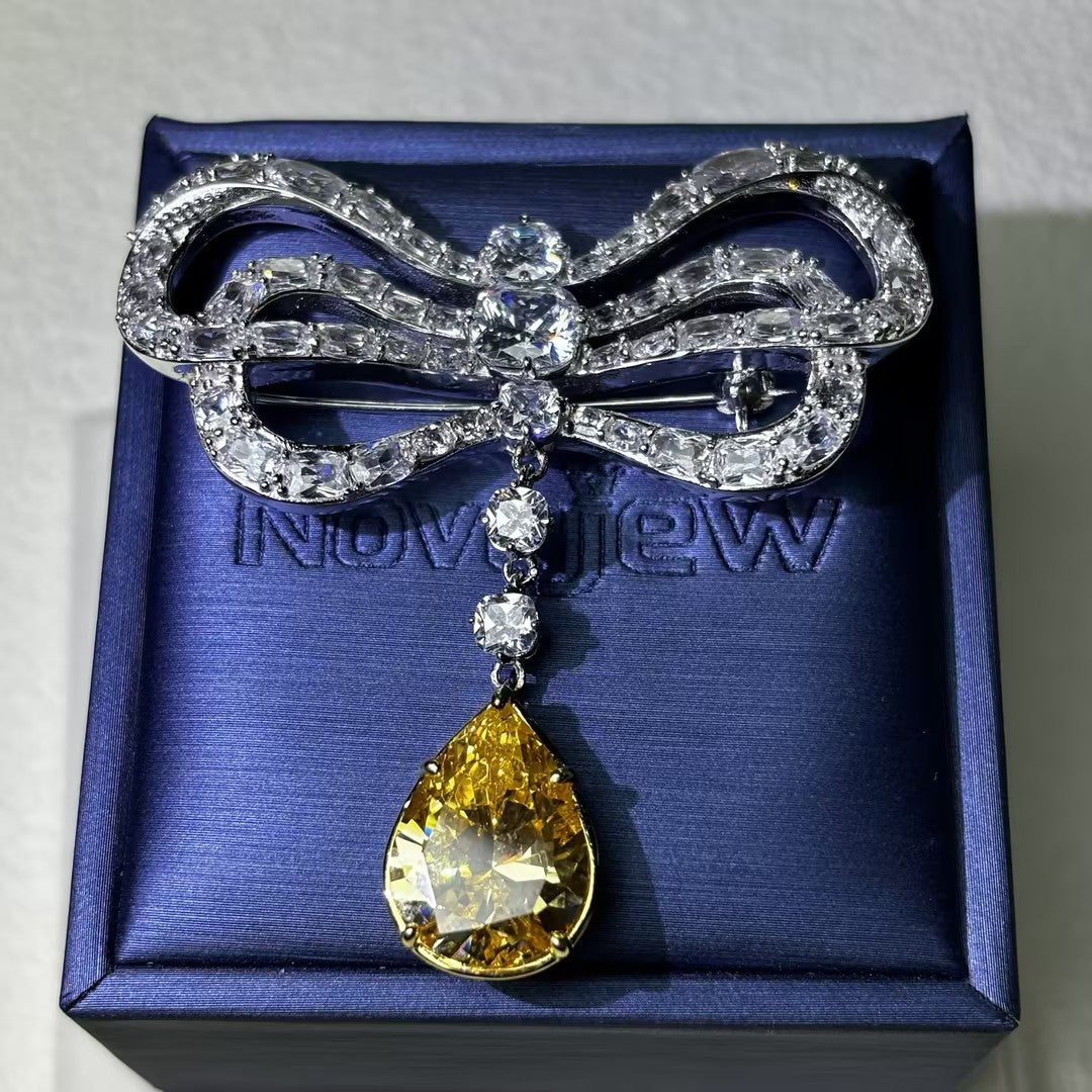 18Ctw Teardrop-shaped Yellow Gemstone Bow Vintage Brooch