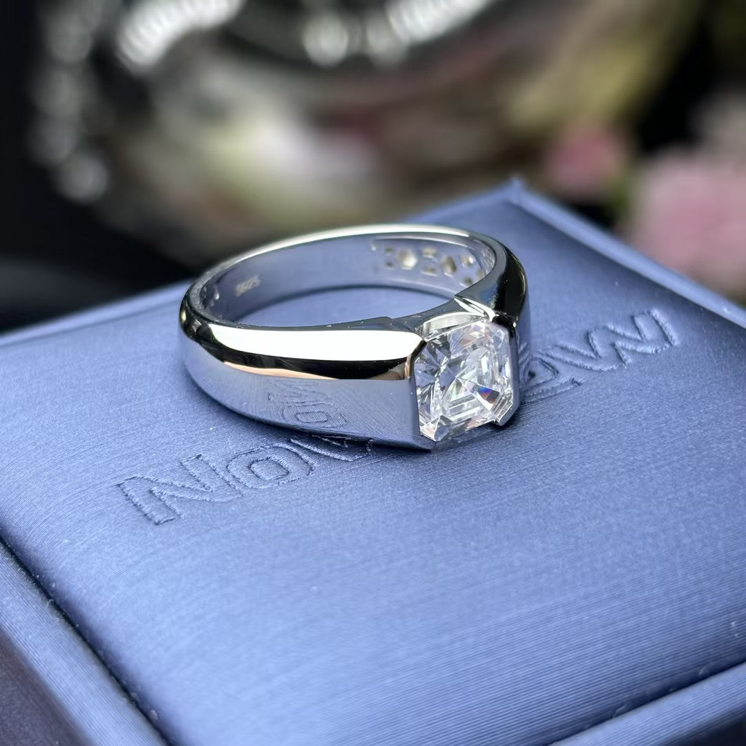 4Ct square Ascher-cut single gemstone semi-bezel-set engagement ring