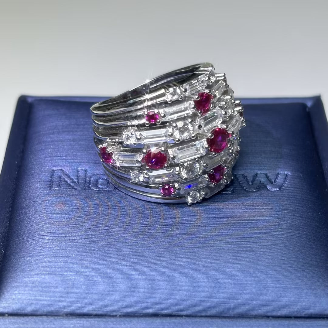 4.0Ctw Rectangular and Round Cut Ornate Multi-Layer Ruby Vintage Ring
