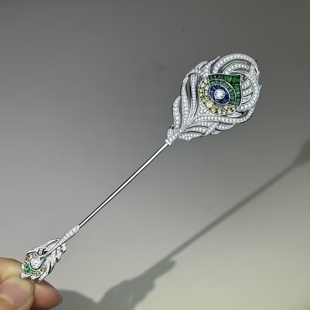 Peacock feather gemstone brooch