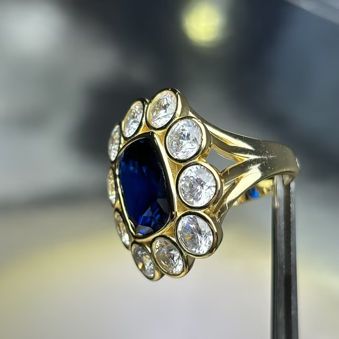 4.62Ctw cushion-cut blue gemstone flower ring
