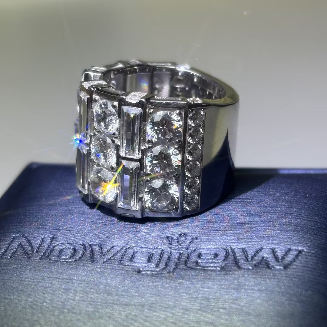 8.5Ctw round and rectangular cut wide ring with three rows of gemstones