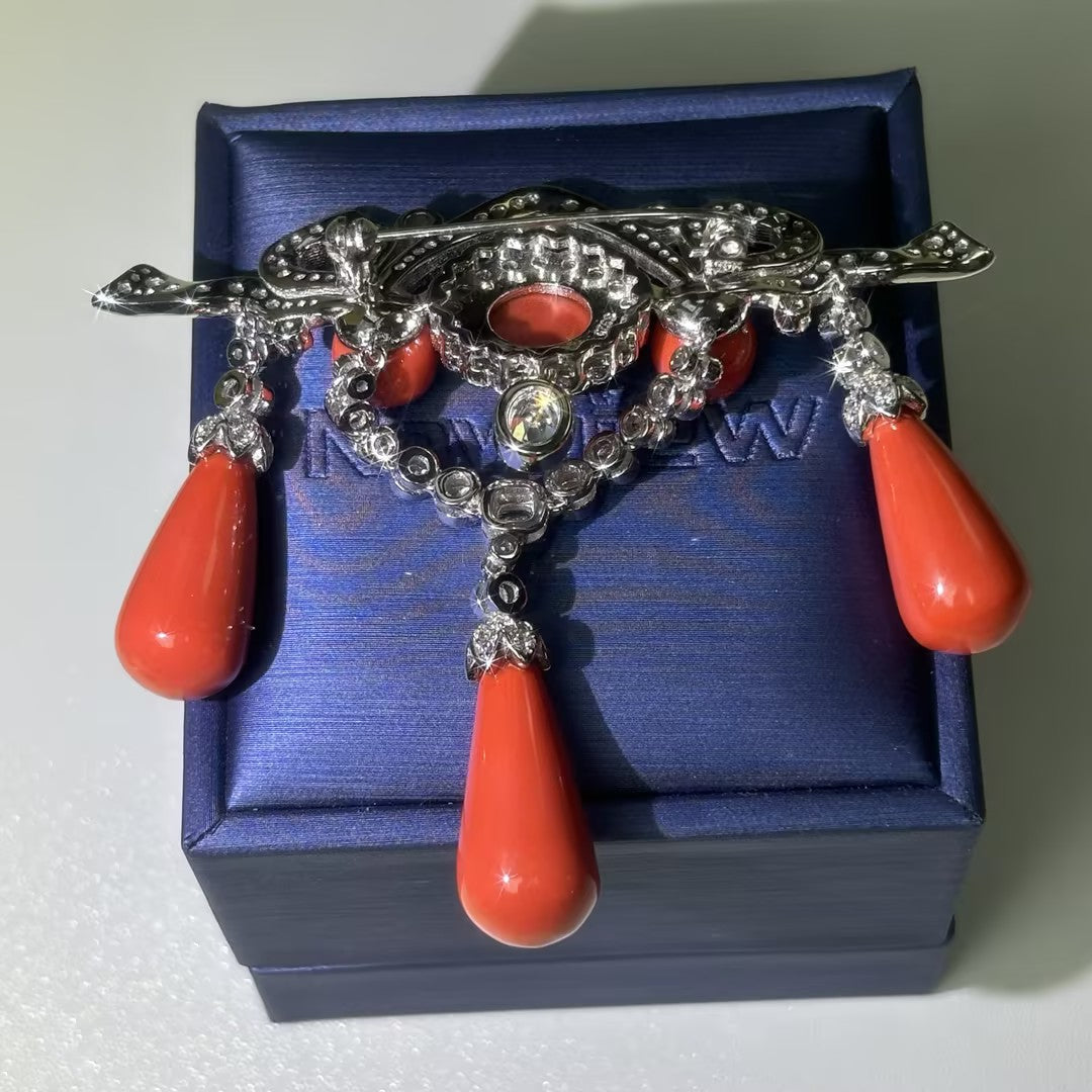 Red coral bow ribbon brooch and earrings