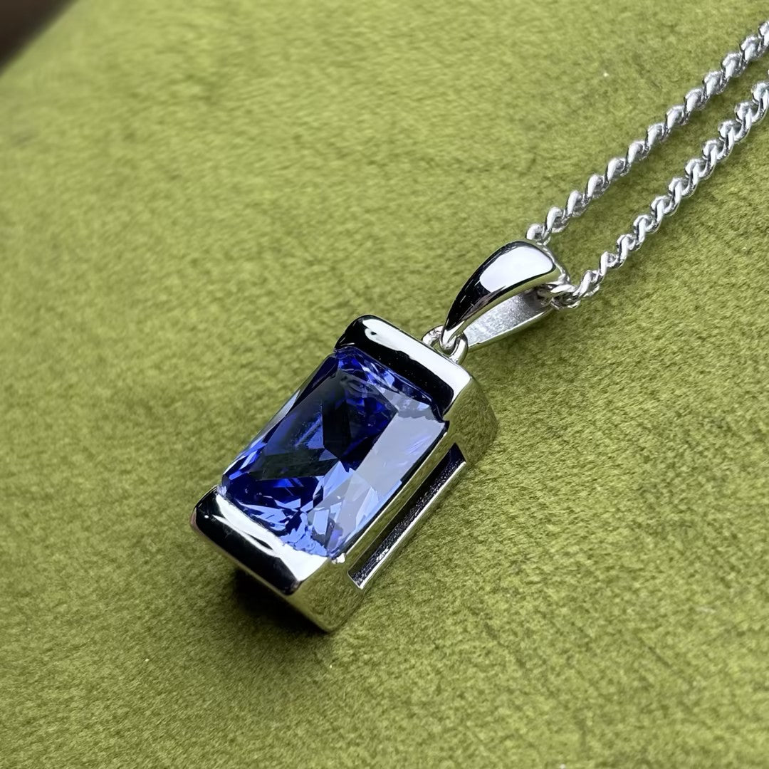 4.4Ct Octagonal Blue Sapphire Cuban Chain Pendant Necklace
