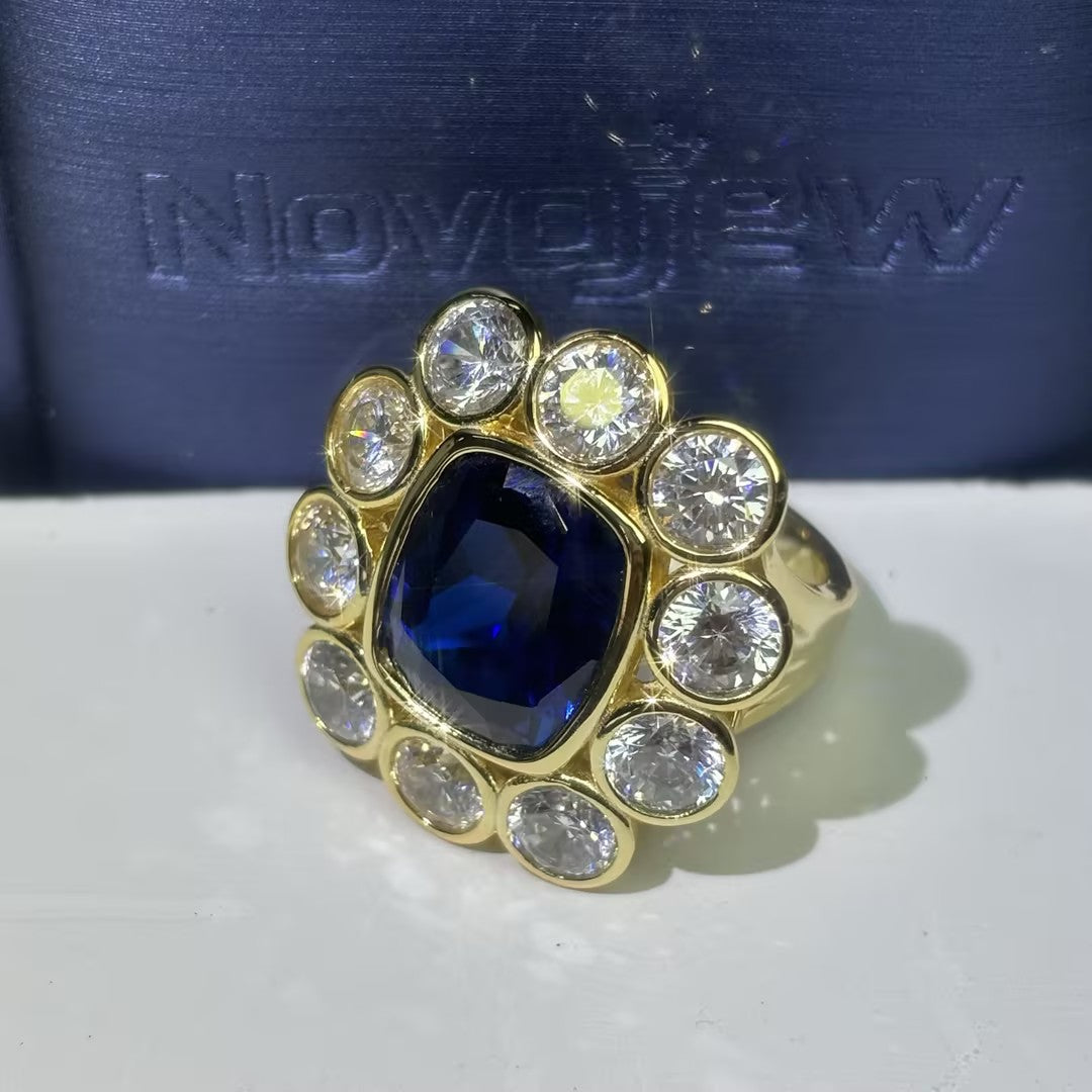 4.62Ctw cushion-cut blue gemstone flower ring