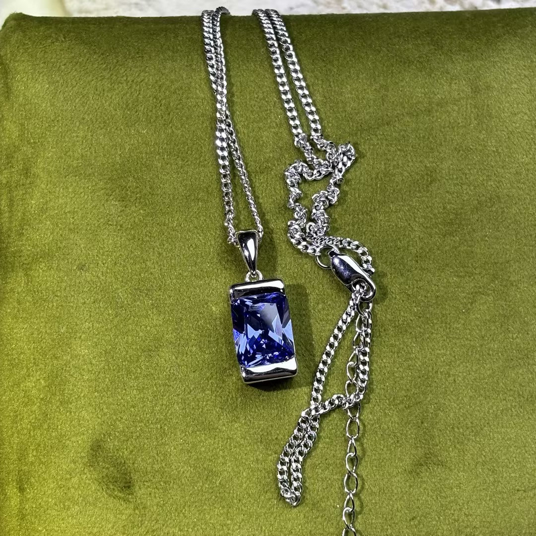 4.4Ct Octagonal Blue Sapphire Cuban Chain Pendant Necklace