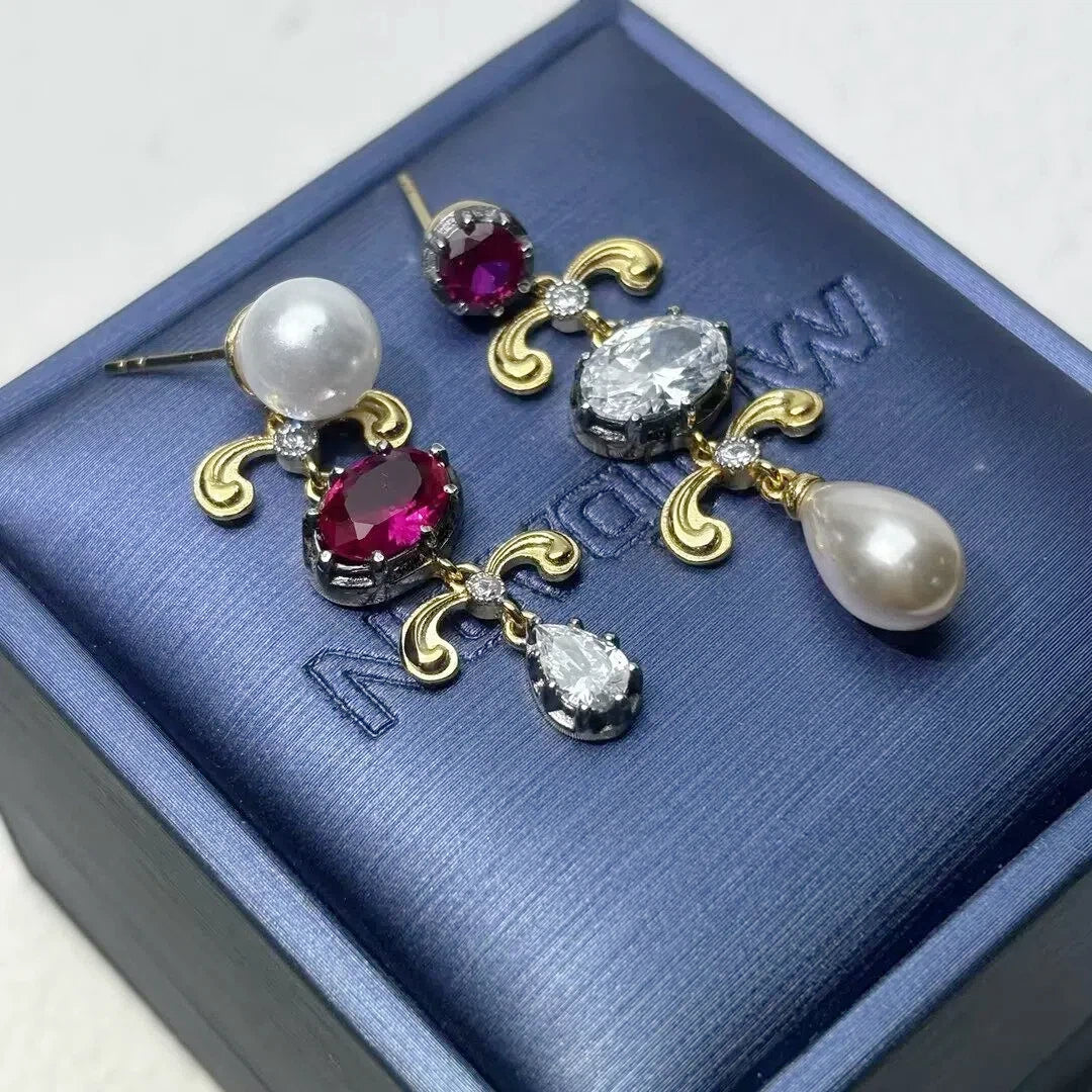 Pearl and Garnet Asymmetrical Pendant Earrings