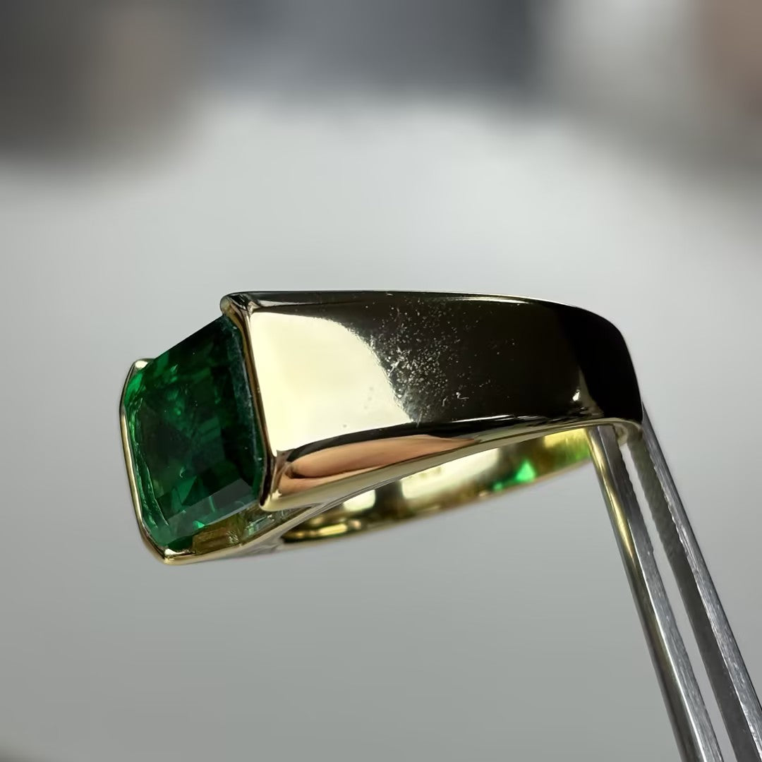 7.96Ct Emerald-Cut Half-Bezel Embroidered Emerald Engagement Ring