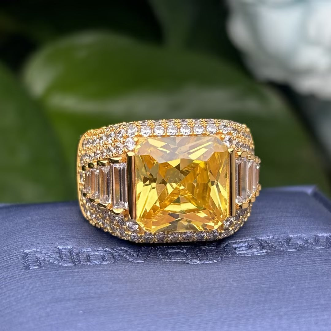 22.5Ctw Fancy Yellow Radiant Cut Pavé Gemstone Ring