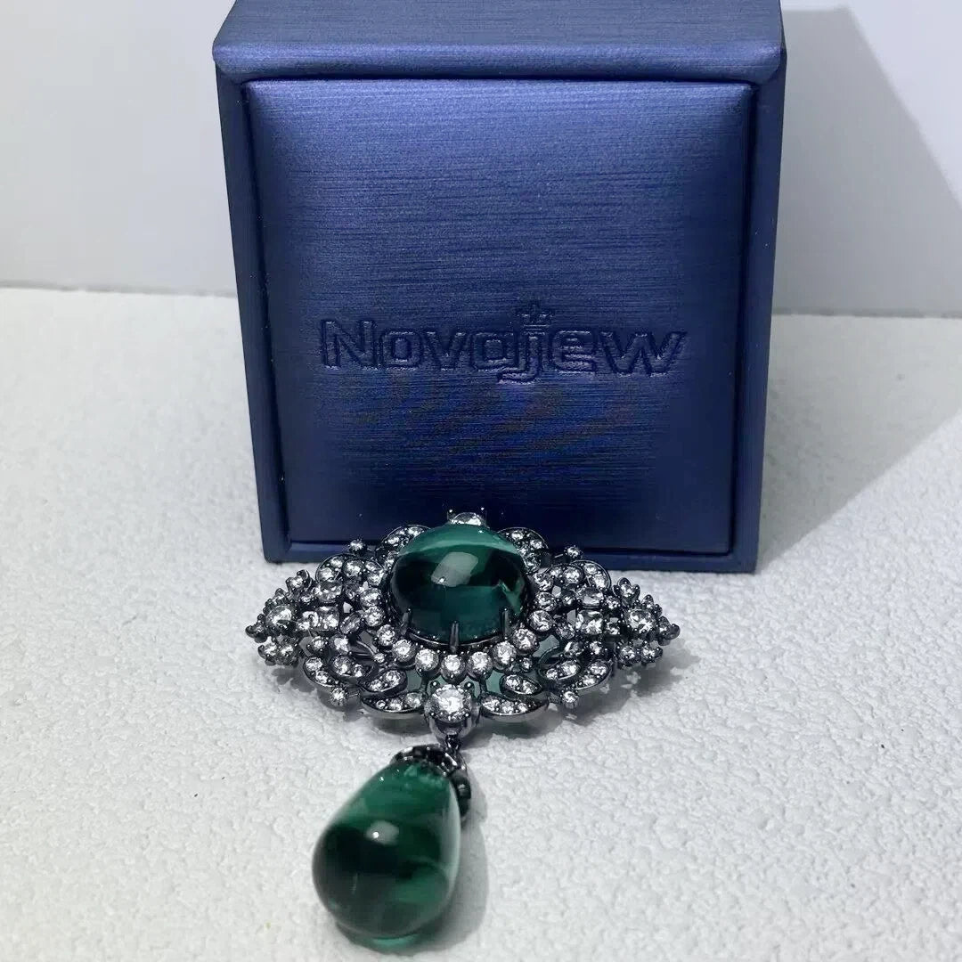16 CT Oval & Pear Cut Green Cubic Zirconia Vintage 925 Sterling Silver Brooch-NOVAJEW
