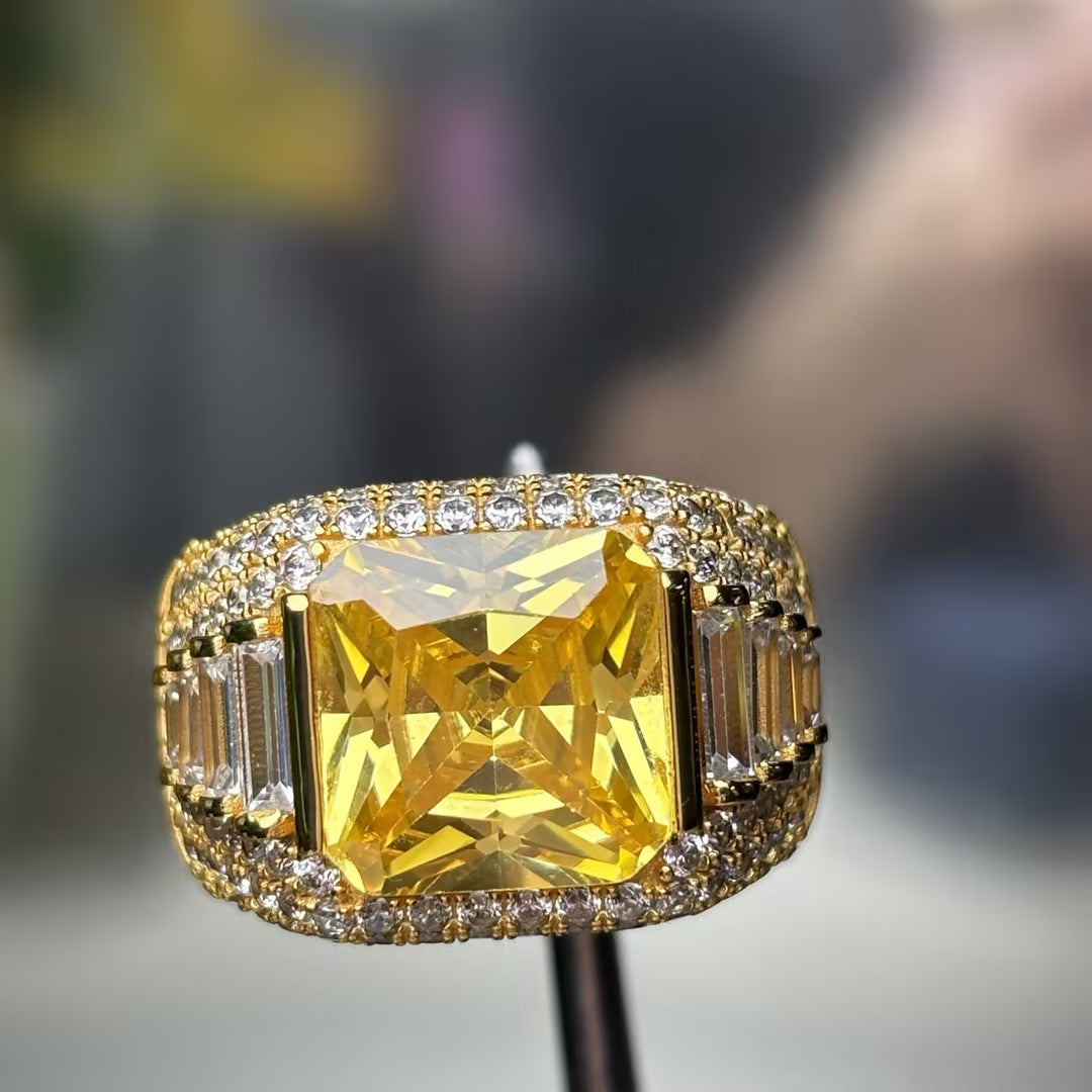 22.5Ctw Fancy Yellow Radiant Cut Pavé Gemstone Ring