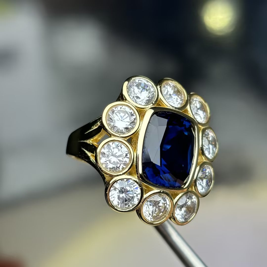 4.62Ctw cushion-cut blue gemstone flower ring
