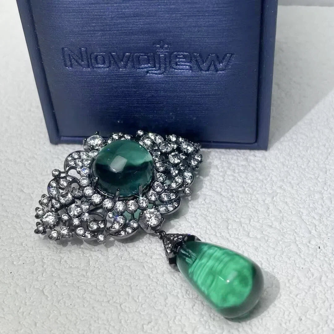 16 CT Oval & Pear Cut Green Cubic Zirconia Vintage 925 Sterling Silver Brooch-NOVAJEW