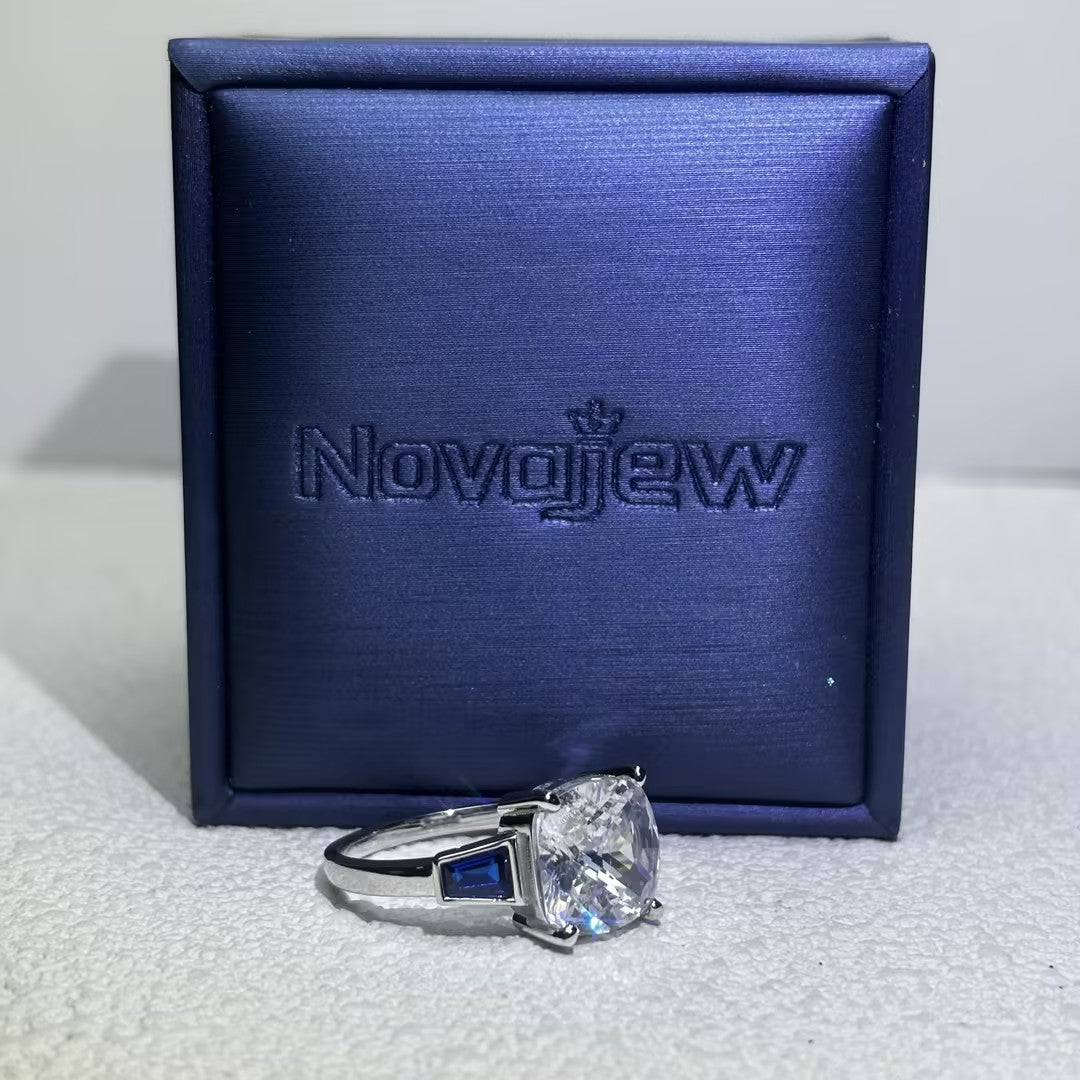 5.2Ctw Vintage cushion-cut and trapezoidal blue gemstone engagement ring